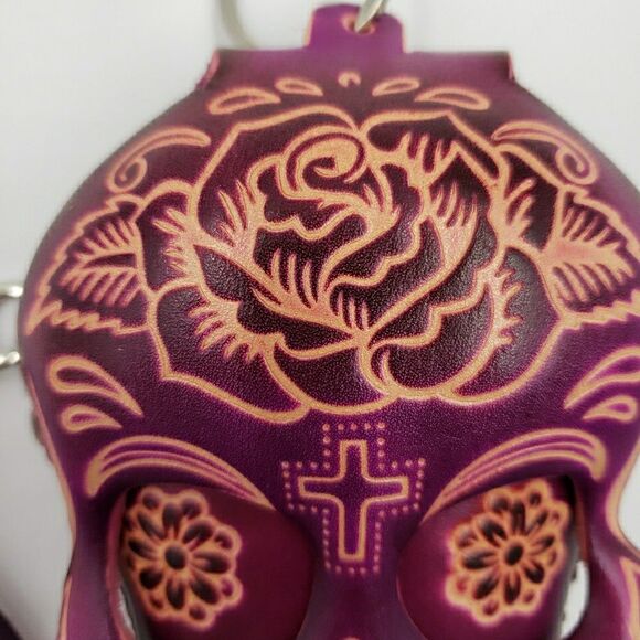 Sugar Skull Leather Wristlet Small Purple Coin Purse Keychain Calavera Wallet - Picture 5 of 16